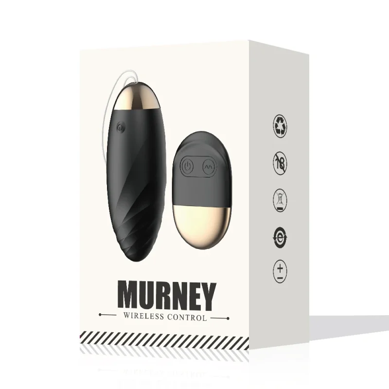 Professional retail packaging for the Murney black intimacy device showcasing international quality and safety certifications.