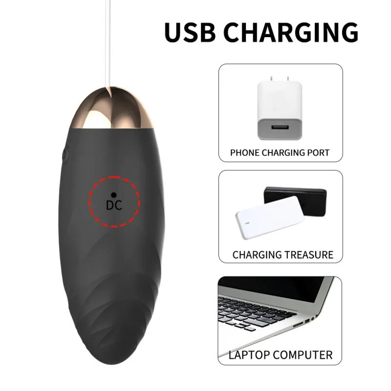 USB rechargeable pleasure device showing versatile charging options via phone adapter, power bank, and laptop.
