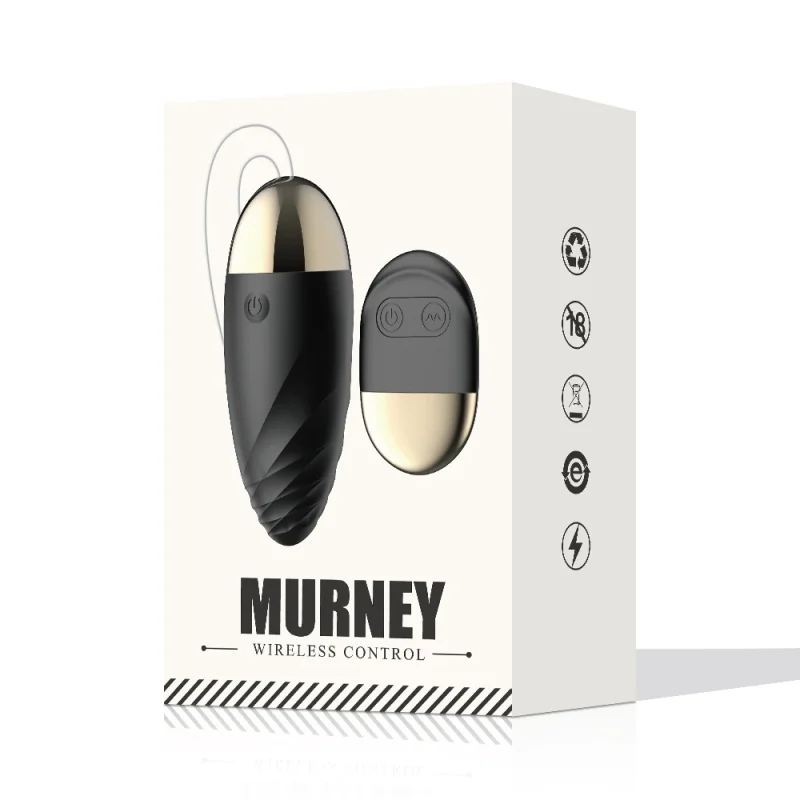 Discreet white gift box featuring the Murney black wireless remote control egg vibrator with gold accents.