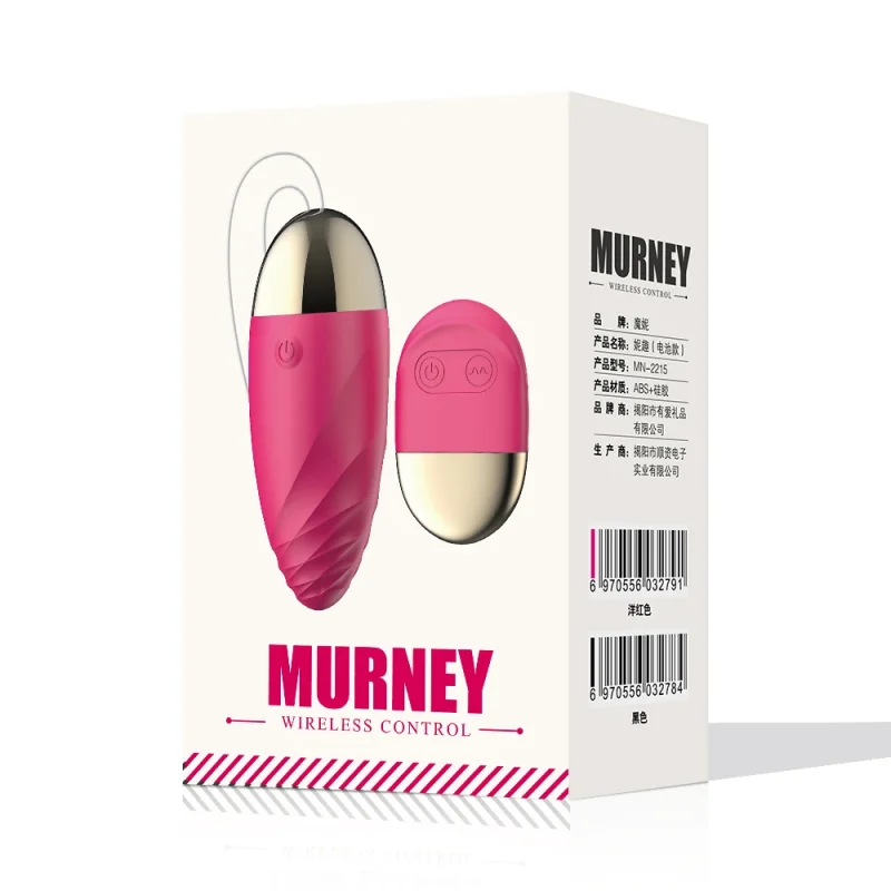 Product packaging for the Murney fuchsia pink vibrating love egg showing technical specifications and manufacturer details.