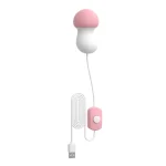 A white and pink mushroom-shaped clitoral vibrator with a wired USB power controller and a single-button interface for easy pleasure customization.