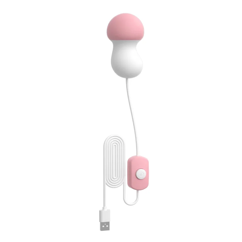 A white and pink mushroom-shaped clitoral vibrator with a wired USB power controller and a single-button interface for easy pleasure customization.