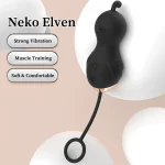Black Neko Elven jump egg with retrieval cord, emphasizing its primary features: strong vibration, pelvic muscle training, and soft comfort.