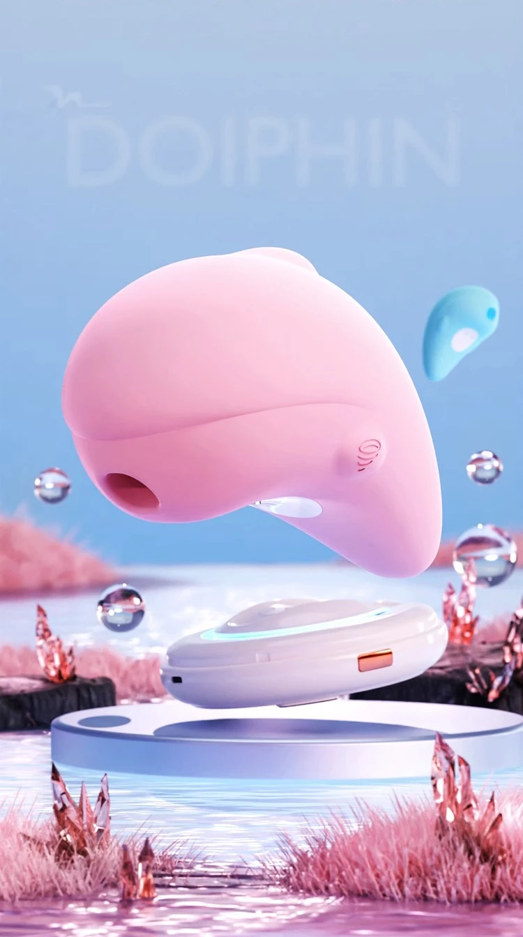 Dolphin-shaped clitoral suction vibrator in soft pink levitating above a modern magnetic charging base with a futuristic aesthetic.