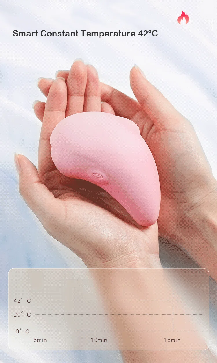 Ergonomic pink dolphin-shaped clitoral stimulator with 42°C smart constant temperature heating feature held in palm.