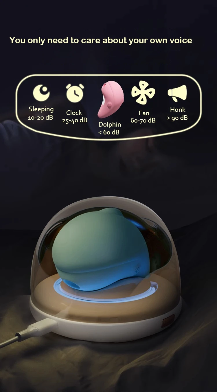 Quiet motor noise level comparison chart showing the dolphin massager operating at under 60 dB for discreet use.