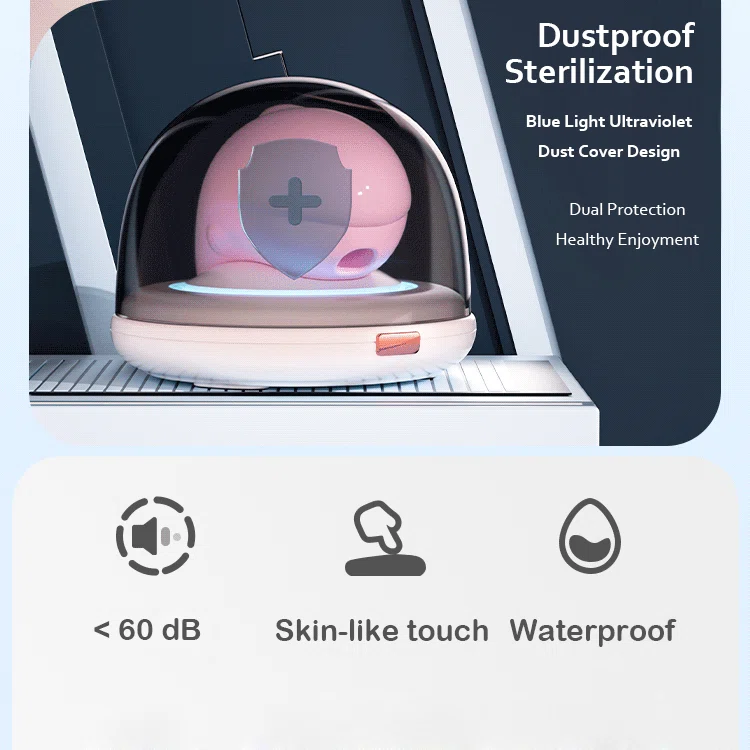 Health and safety features of the intimacy device including blue light ultraviolet sterilization, dustproof cover, and waterproof rating.