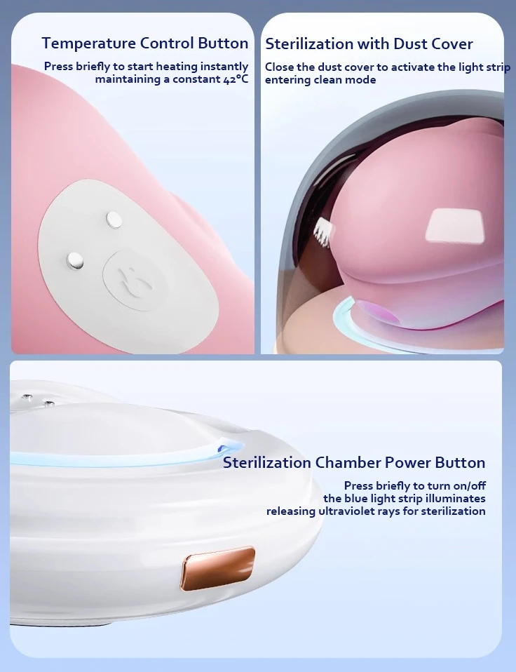 Infographic detailing the advanced features of the Neo Cove, including the constant 42°C heating function, UV sterilization chamber, and dust-proof storage cover.