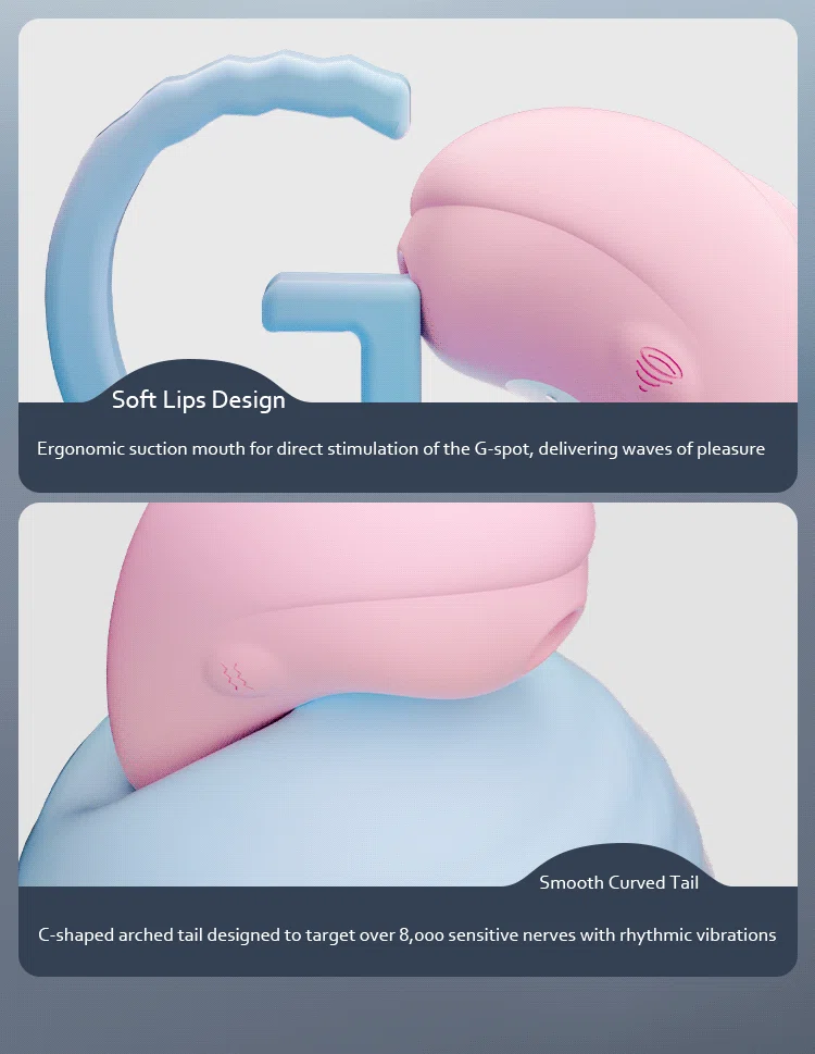 Infographic detailing the ergonomic suction mouth for G-spot stimulation and the rhythmic vibrations of the smooth C-shaped arched tail.