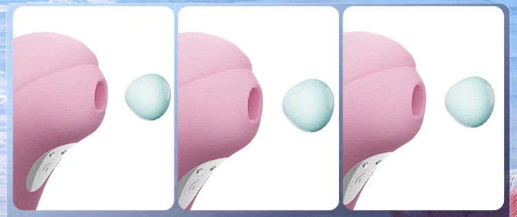 Three-panel sequence illustrating the pulsating air-wave technology of the dolphin-themed suction toy for variable intensity levels.