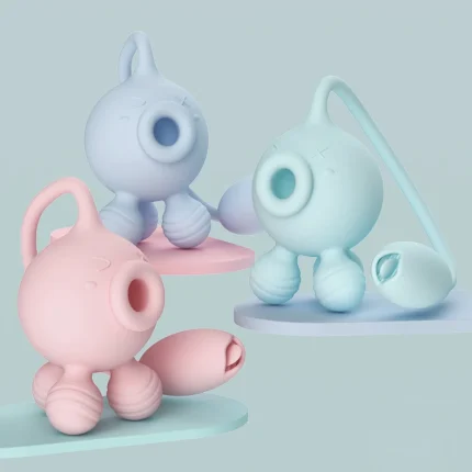 Group display of the HH Octopulse octopus-shaped clitoral stimulators in pastel pink, blue, and mint green on modern podiums.