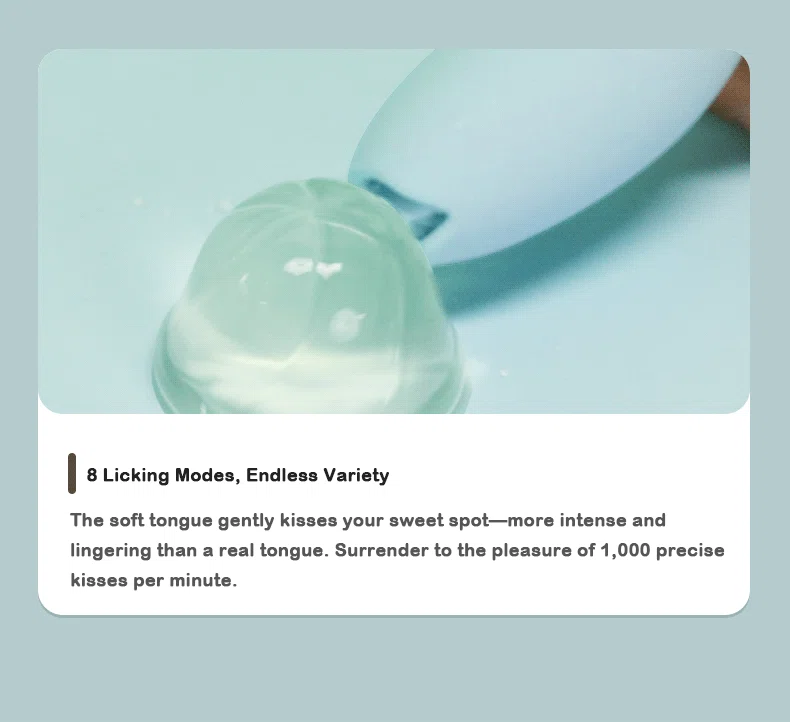 Detail shot of the soft silicone licking tongue feature offering 8 modes and up to 1,000 precise vibrations per minute.