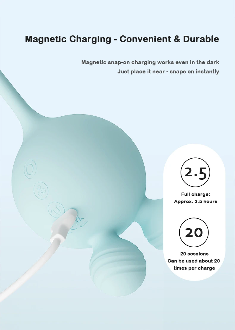 Close-up of the magnetic charging port on the HH Octopulse pleasure device, highlighting the 2.5-hour quick charge and 20-session battery life.