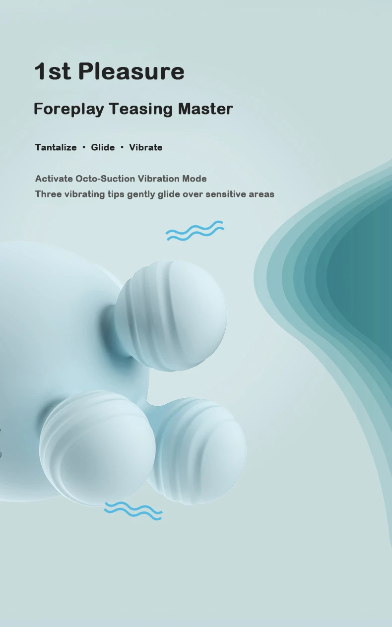 Infographic highlighting the three vibrating textured "feet" of the Octopulse, ideal for foreplay teasing and external nerve stimulation.