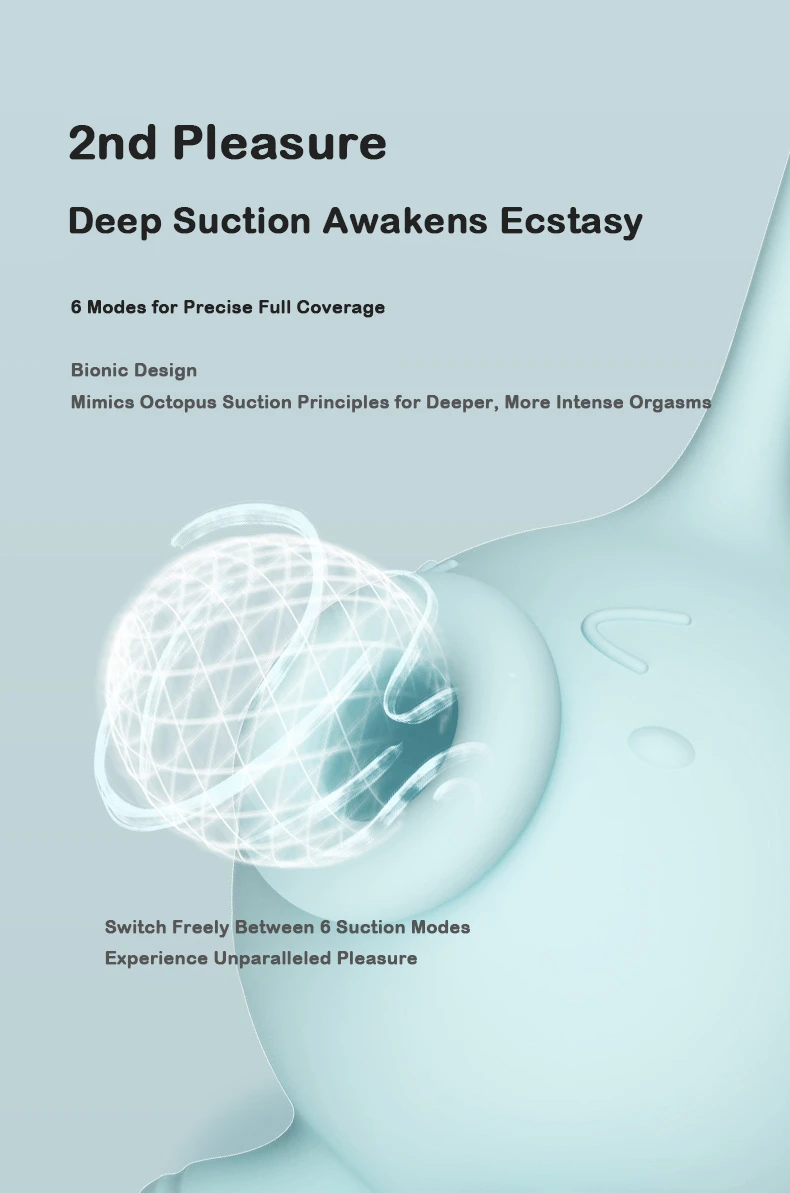 Technical diagram explaining the bionic octopus design and the 6 distinct suction intensities for a customizable pleasure experience.