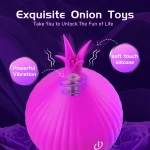 Technical diagram of the HH Onion Pulse showing the internal powerful vibration motor and the soft-touch skin-friendly silicone texture for enhanced intimate comfort.