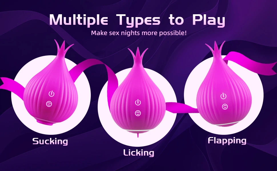 Infographic showing the three distinct play modes: sucking, licking, and flapping for the HH Onion series.