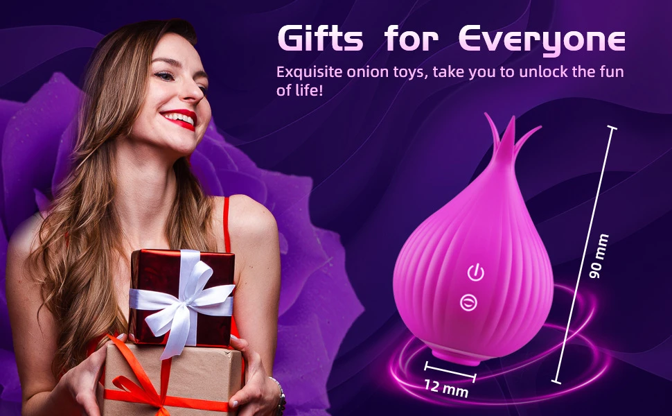 Lifestyle image of the 90mm HH Onion pleasure toy with dimensions, ideal as a discreet wellness gift.