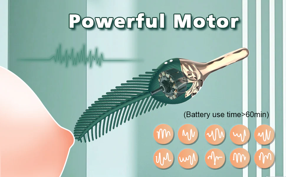 Internal view of the powerful motor inside the teal green clitoral stimulator featuring a 60-minute battery life and multiple frequency patterns.