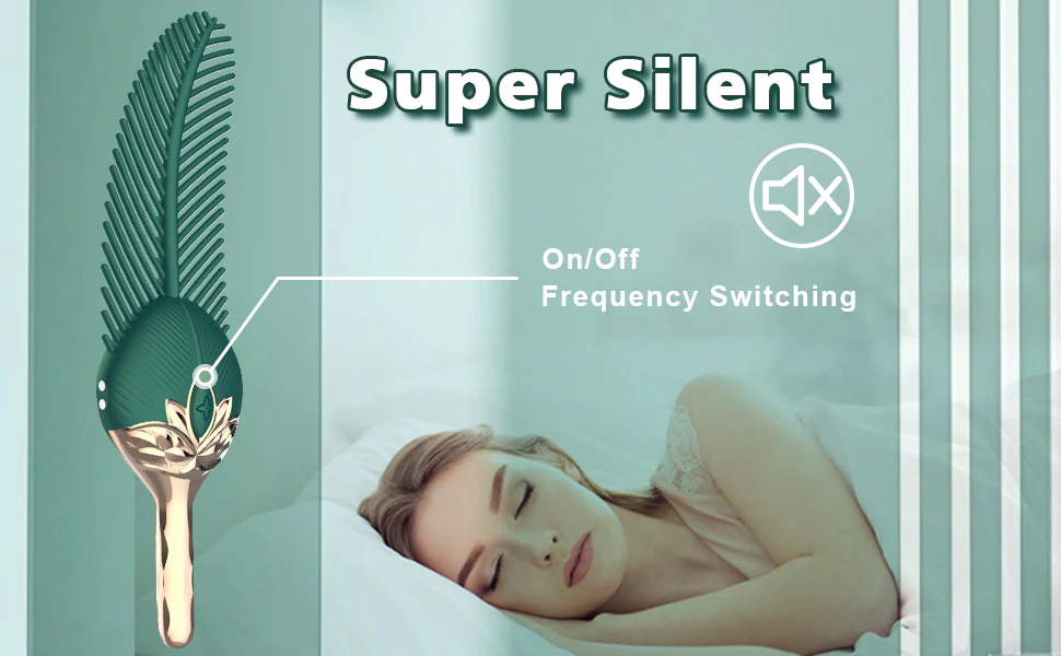 Discreet and super silent operation of the peacock feather pleasure device highlighting the quiet frequency switching button for bedside use.