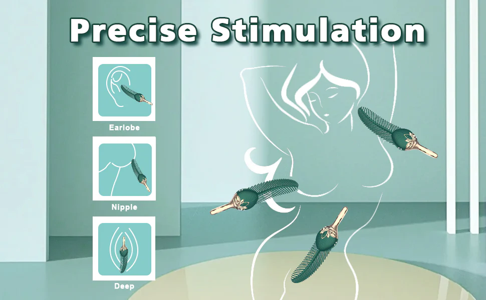 Precise stimulation guide for the leaf-style massage wand demonstrating its use for earlobe, nipple, and deep external sensitivity.