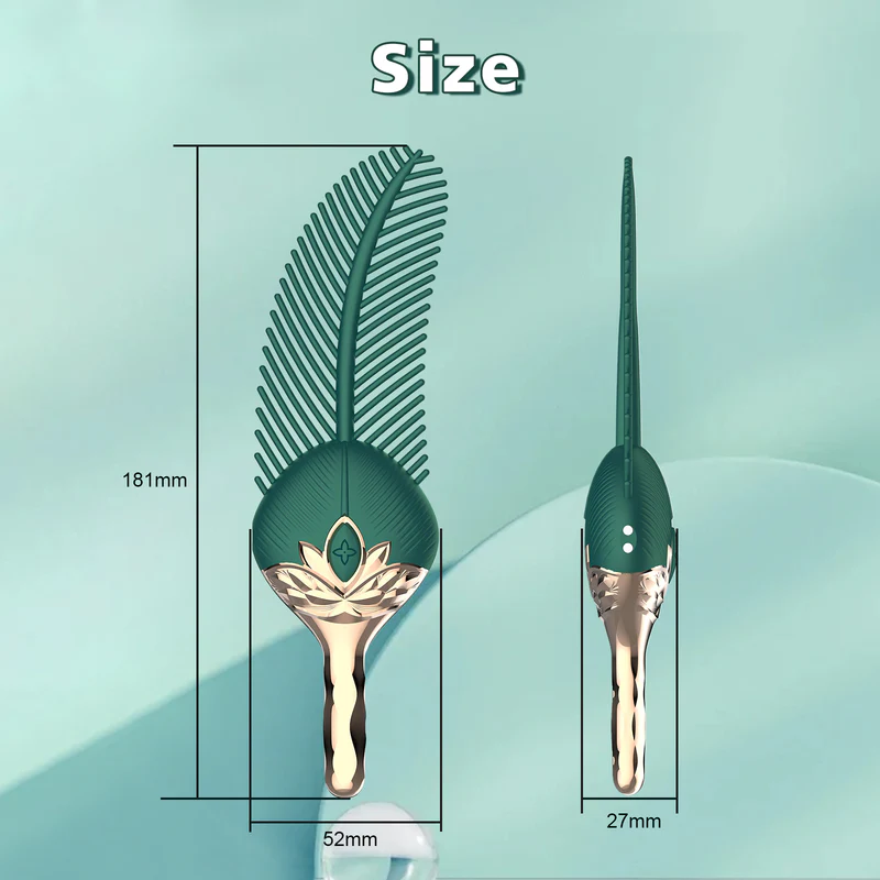 Detailed dimensions of the HH peacock feather intimacy tool showing the 181mm height and slim 27mm profile for ergonomic handling.