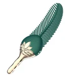 Close-up of the forest green silicone peacock feather toy highlighting the textured ridges and elegant floral gold accents.