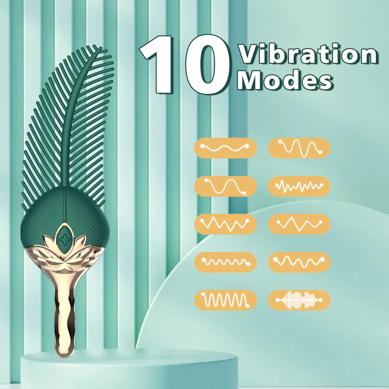 Visual chart of the 10 vibration modes available on the teal and gold waterproof vibrator ranging from steady pulses to intense wave patterns.