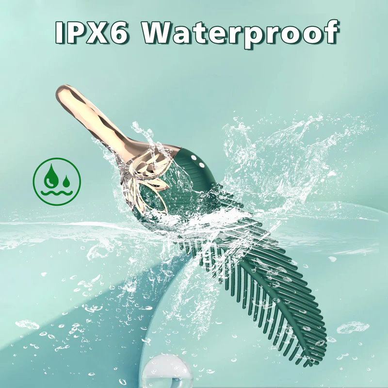 IPX6 waterproof rating demonstration of the peacock feather adult toy submerged in water for easy cleaning and shower-friendly play.