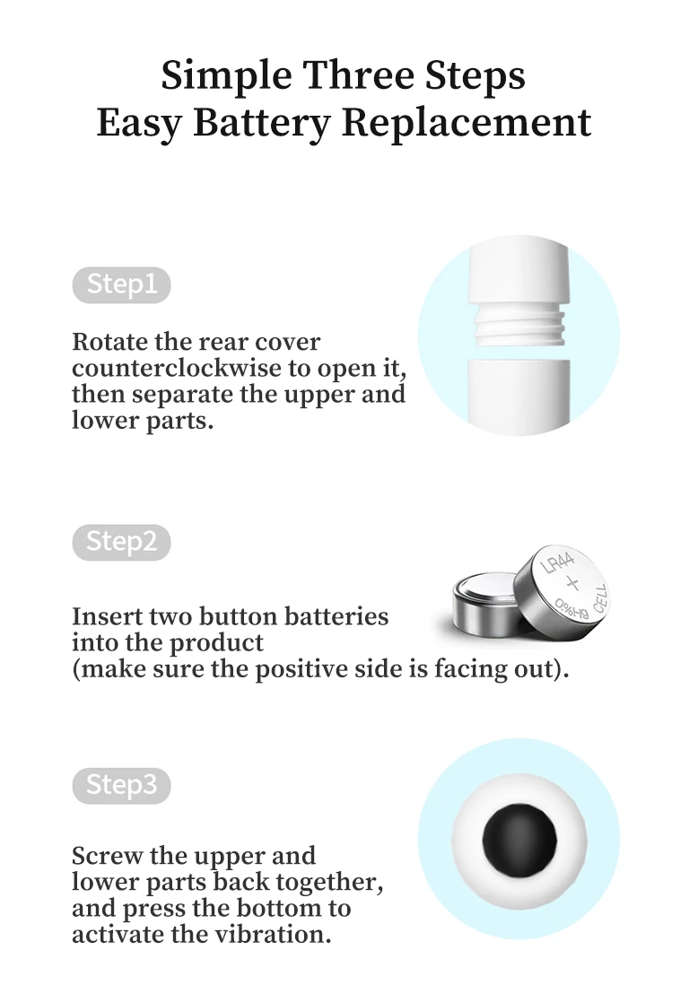 Infographic detailing the simple three-step battery replacement process for the device using two LR44 button cell batteries.