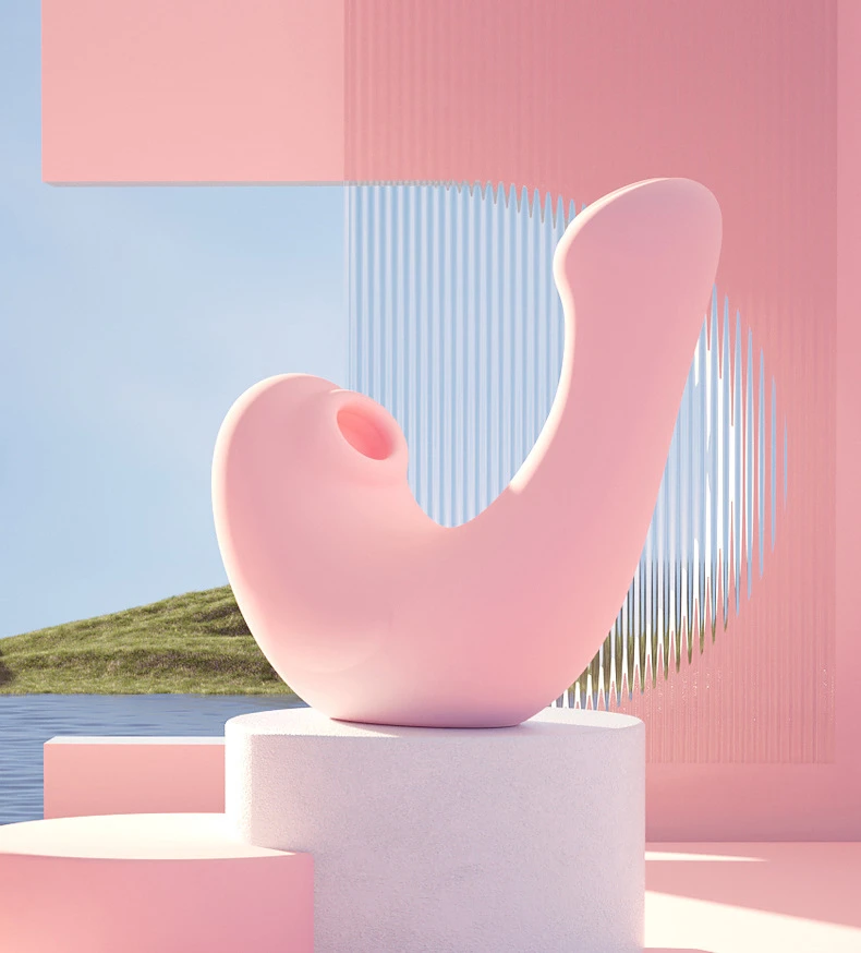Elegant lifestyle shot of the pink HH Pebble vibrator on a minimalist pedestal, emphasizing its discreet and artistic design for modern bedroom decor.
