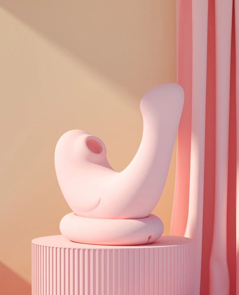 Side profile of the dual-stimulation massager sitting on its charging dock, highlighting the curved "u-shape" designed for simultaneous internal and external pleasure.