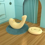 3D rendered scene showing the lemon-colored silicone vibrator and its magnetic USB charging dock on a wooden surface, highlighting a travel-friendly wellness kit.