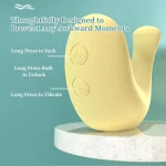 Infographic showing the travel-lock safety feature and dual-control buttons of the HH Pebble clitoral suction vibrator for discreet storage.