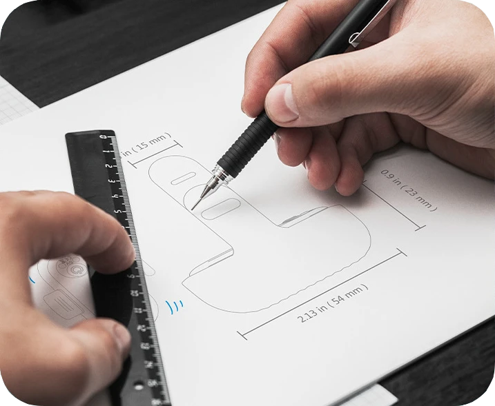 Technical blueprint drawing of the finger-worn massager indicating precise dimensions of 54mm in length and 15mm strap width.