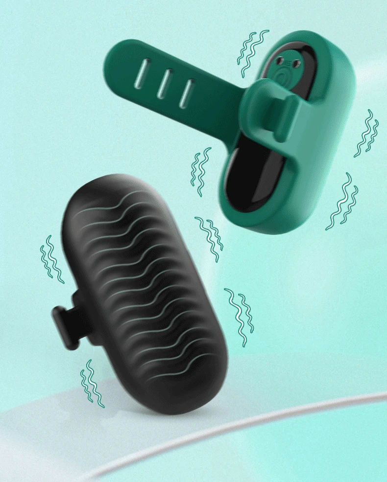 Comparison view showing the textured underside and the smooth top of the dual-colored finger vibrator with wavy ridges for enhanced sensation.