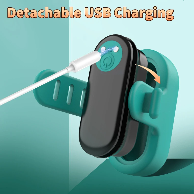 Infographic illustrating the detachable USB charging feature for the internal motor of the waterproof clitoral stimulator.