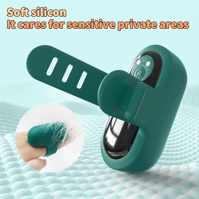 Close-up of a teal green finger vibrator with an adjustable silicone pin-buckle strap for a secure, comfortable fit on sensitive areas.