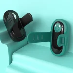 Two ergonomic clitoral stimulators in black and teal, highlighting the flexible silicone ring design and the intuitive power button interface.