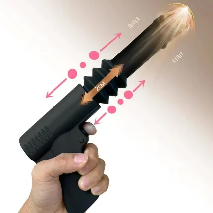 Handheld pistol-shaped thrusting vibrator showing 2cm telescopic stroke distance for targeted stimulation.