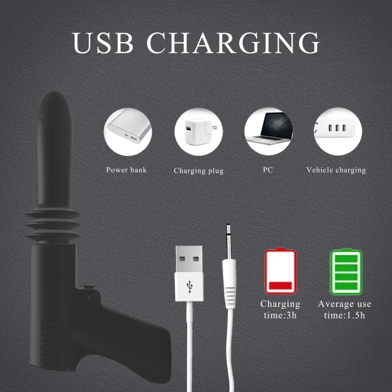 Charging data infographic for an electric stimulator showing a 3-hour charge time for 1.5 hours of continuous use.