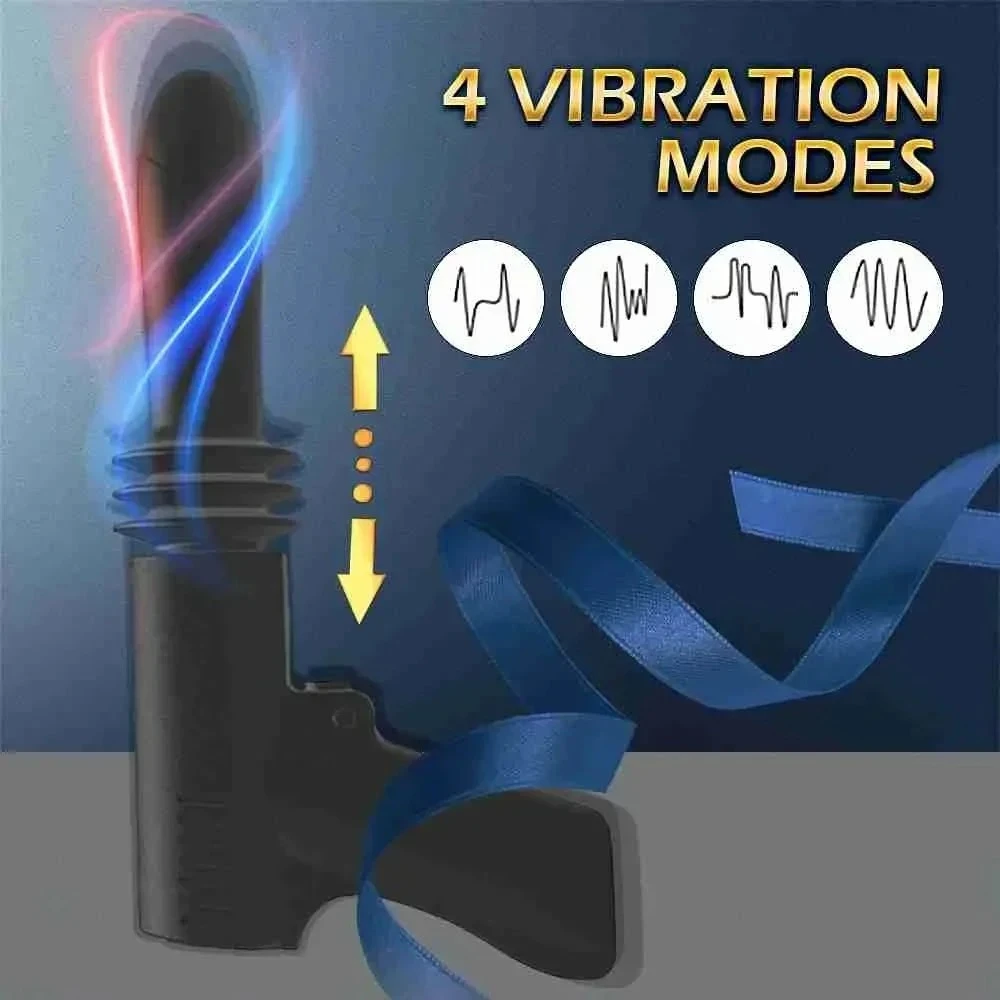 Visual guide to the four-speed telescopic vibration settings of the luxury black personal massager with a sleek blue ribbon backdrop.