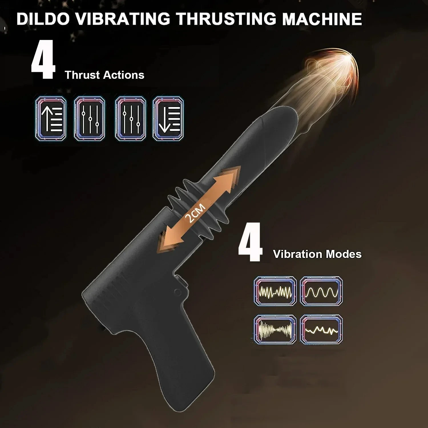 Technical breakdown of a dildo vibrating thrusting machine showcasing 4 distinct thrust actions and 4 vibration intensity levels.