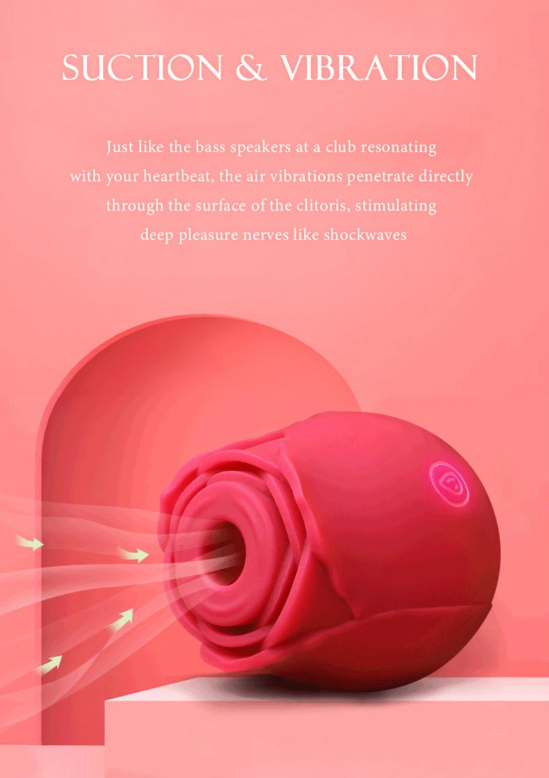 Conceptual graphic showing the air-pulse suction technology of the rose vibrator, designed for deep-tissue clitoral stimulation.