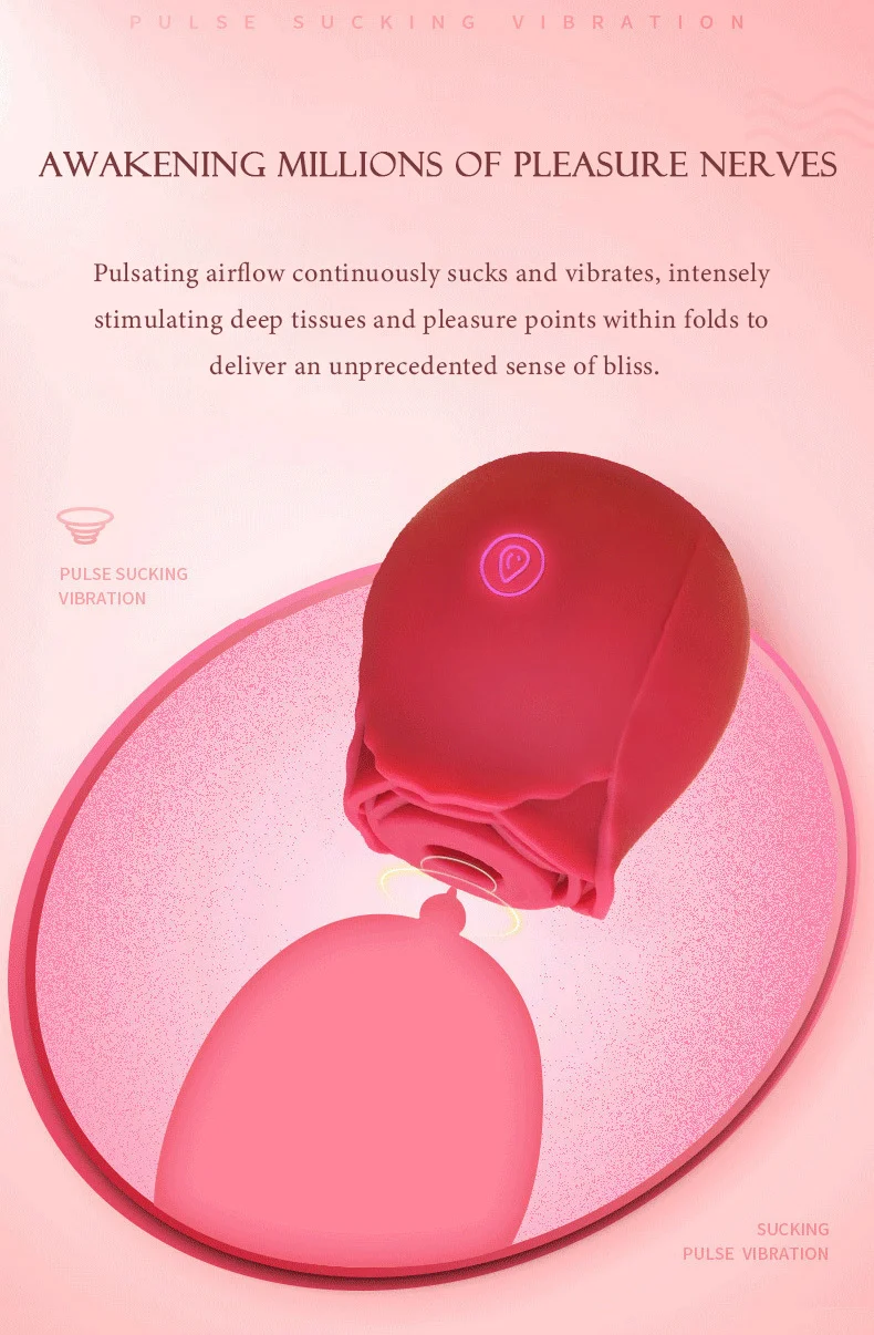 Illustration of the dual-action pulsating airflow and vibration feature of the rose massager targeting sensitive pleasure nerves.