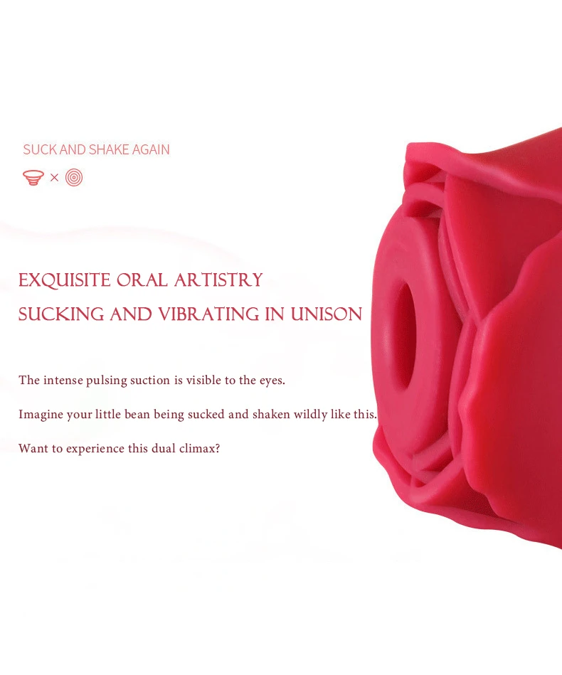 Detailed view of the oral-inspired suction nozzle on the rose-shaped intimacy tool, designed for unison sucking and vibrating sensations.