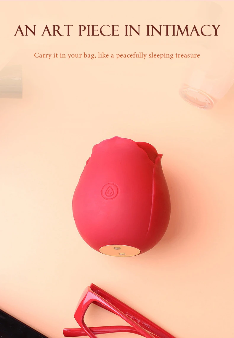 iscreet rose-shaped clitoral stimulator shown as a portable intimacy accessory for a lifestyle travel bag.