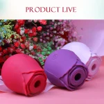 Lifestyle shot of three different colored rose suction toys arranged next to a bouquet of pink and red flowers for a discreet, aesthetic presentation.