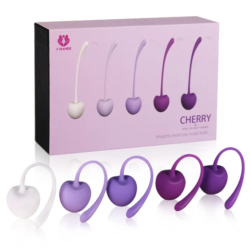 Holistic pelvic floor training set showing five cherry-shaped silicone weights ranging from 30g to 110g for progressive intimacy wellness.