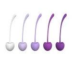 Five colorful silicone pelvic toners with long, flexible retrieval stems for easy use and comfortable internal placement.